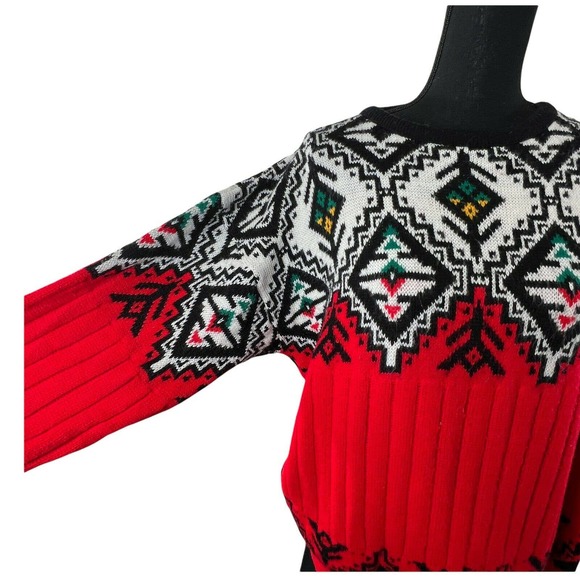 Vintage Crewneck‎ Red Black Nordic Fair Isle Long Sleeve Ski Winter Sweater Larg - Picture 3 of 9